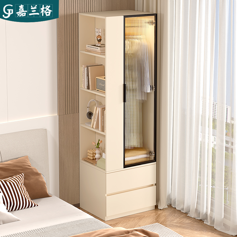 奶油风长虹玻璃床头柜衣柜一体