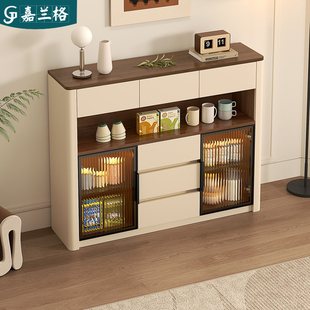 奶油中古风餐边柜靠墙一体客厅餐厅多功能圆弧边柜茶水柜子9G322