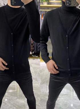 215111欧洲站秋冬天丝针织衫男打底衫欧货假两件加厚长袖小衫商务