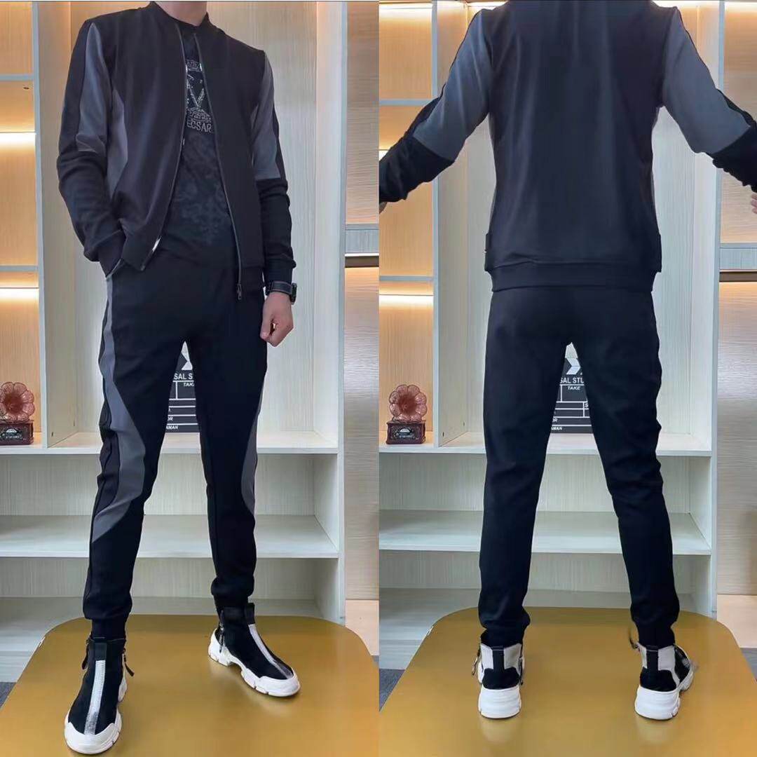 T014秋冬季新款男士开衫外套小脚裤两件套撞色拼接休闲运动套装潮