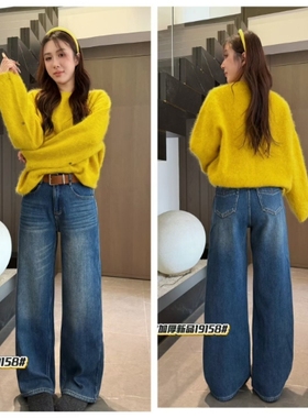 2025冬季新款倩小妞19158蓝色高腰加厚复合绒显瘦女牛仔直筒裤潮