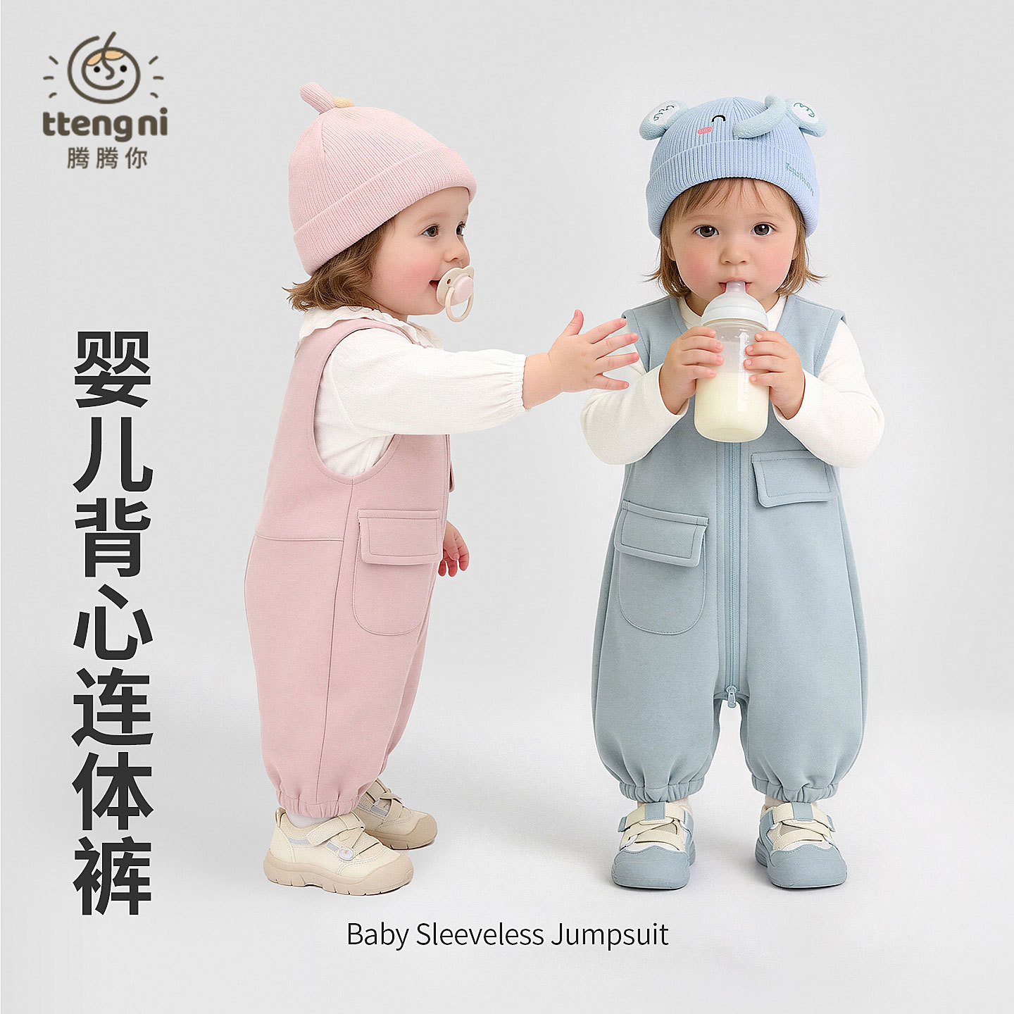 男女宝宝春秋拉链款无袖连体背带裤婴幼儿休闲百搭外出爬服
