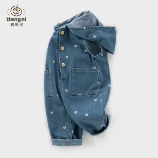 牛仔连体裤 宝宝背心式 3岁婴童裤 婴儿背带裤 子秋季 连帽春秋新品