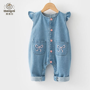 婴儿牛仔背带裤春秋可爱洋气女宝背心式连体裤按扣裆宝宝裤子春季