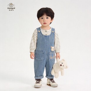 背带裤男宝宝牛仔裤春秋可爱小熊连体衣服0一4岁婴儿休闲裤子春装