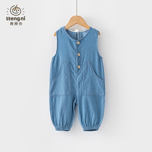 婴儿背带裤夏季薄款防蚊裤女宝连体裤冰丝凉感1-5岁小宝宝裤子夏