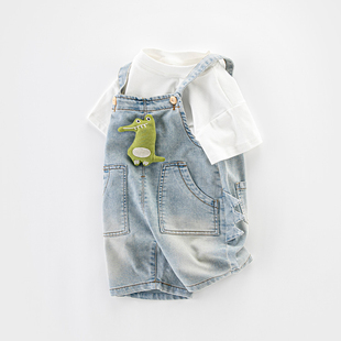 男宝牛仔背带短裤夏季薄款卡通小童休闲牛仔七分裤1-3周岁儿童裤