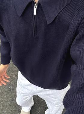 藏蓝色针织polo衫男半拉链翻领长袖卫衣美式ootd穿搭工装打底线衣