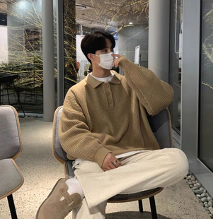 韩国ulzzang翻领毛衣男高级感宽松针织polo衫东大门潮牌线衣外套