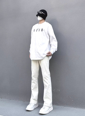 纯白色cleanfit牛仔裤美式vibe裤子男修腿型高街潮牌微喇直筒长裤