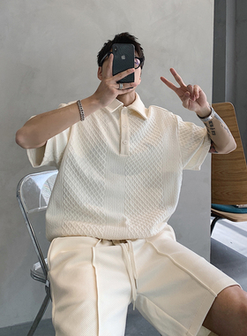 高级感华夫格polo衫男日系cityboy宽松短袖小香风复古提花翻领t恤