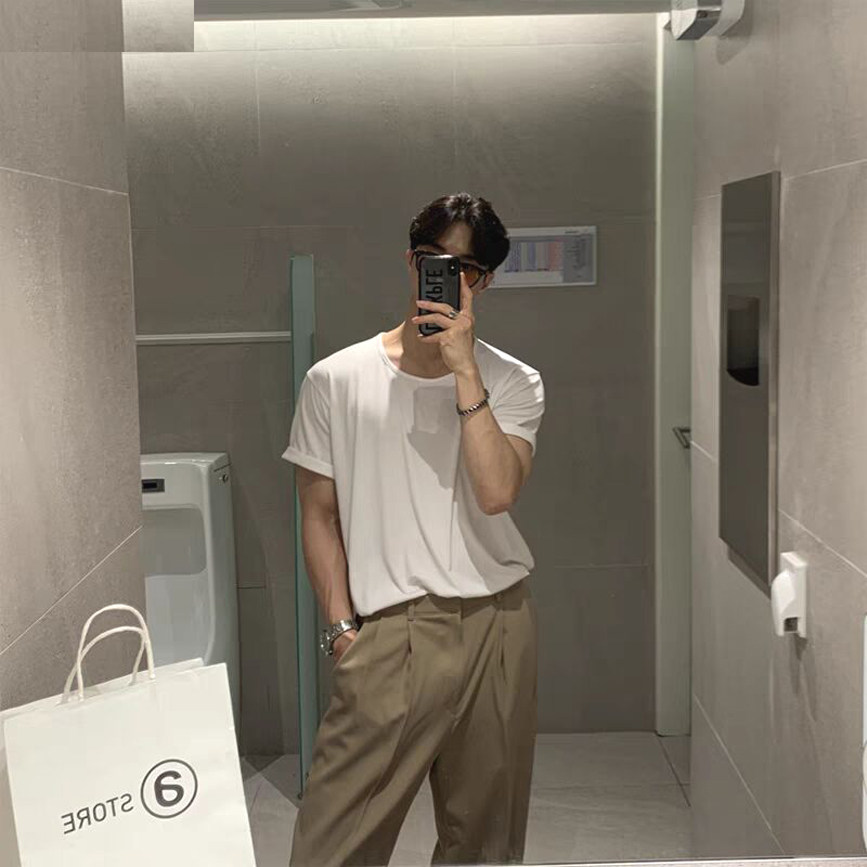 韩风低领阔口白t恤男冰氧棉莫代尔宽松短袖美式潮牌u型大领打底衫