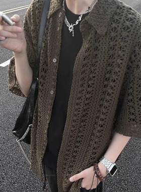 绿色镂空针织开衫男美式复古翻领短袖编织外套网眼透视提花羊毛衫