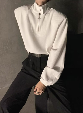立领半拉链t恤男潮美式复古华夫格卫衣小众设计感垫肩半高领外套