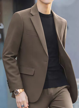 咖色西服套装男痞帅修身垫肩小西装外套休闲正装单西便服结婚上衣