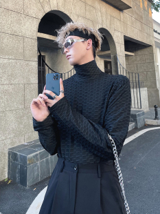 ins禁欲系华夫格t恤男半高领宽松内搭打底衫 丝滑柔顺上衣网红爆款