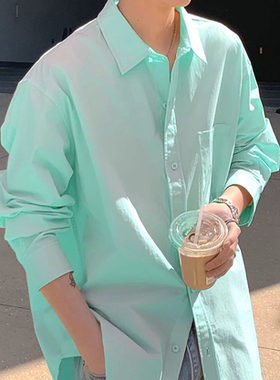 少年感绿色衬衫男经典口袋款宽松长袖防晒开衫美式休闲工装衬衣潮