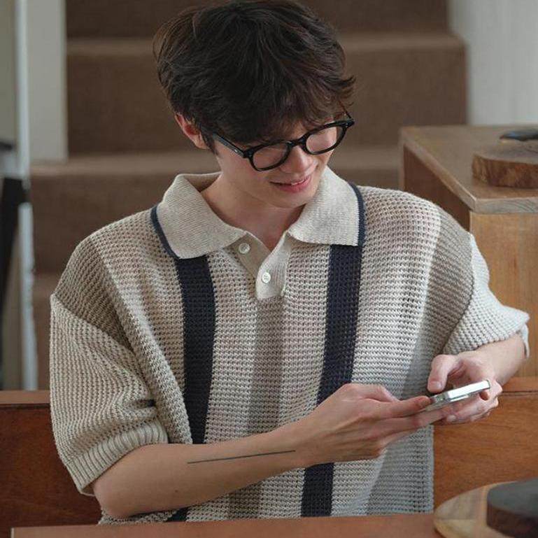 韩系镂空网眼针织polo衫潮男老钱风宽松短袖卫衣性感透视翻领t恤,男装,T恤,淘宝优惠券,粉丝福利购,淘宝优惠卷