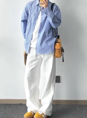 防晒白色棉麻裤子男宽松直筒老爹长裤薄款亚麻透气系绳休闲工装裤