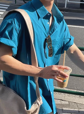 慵懒风棉麻蓝色衬衫男薄款透气宽松短袖防晒开衫亚麻休闲工装衬衣