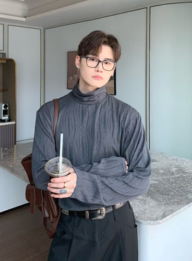 高领褶皱t恤男ins潮网红宽松长袖免烫无痕堆堆领打底衫丝滑柔顺