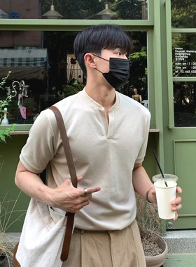 韩系叠v领紧袖polo衫男棉质透气短袖亨利领t恤美式休闲工装亨利衫
