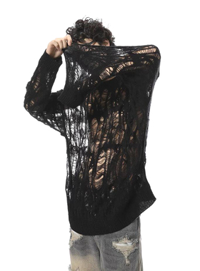 慵懒风镂空针织衫男小众设计感宽松长袖侘寂破洞防晒罩衫外套潮