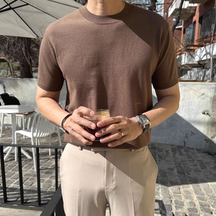 韩系轻奢丝光棉冰丝t恤男小圆领修身 卫衣凉感透气针织线衣潮 短袖