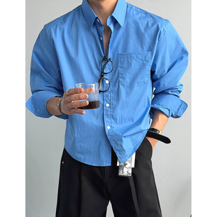 多巴胺氛围感亚麻皱感衬衣 长袖 克莱因蓝棉麻衬衫 男单口袋休闲工装