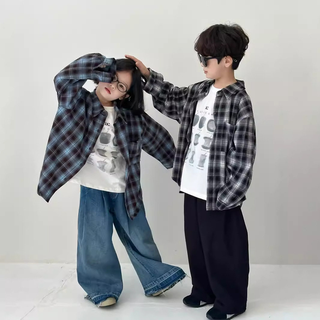 童衬衫2025春款男女童韩版绒感格子衬衣儿童休闲百搭宽松长袖上衣