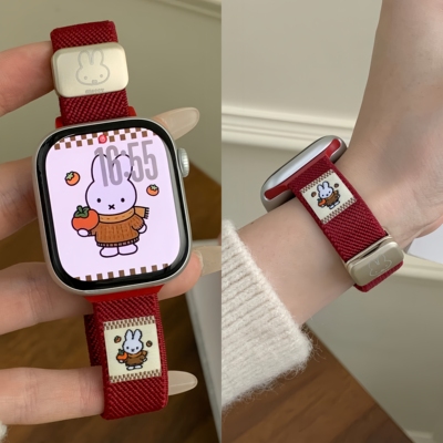 适用于苹果手表s11表带秋冬透气可爱米菲兔插画尼龙表带applewatch10可调节磁吸编织iWatch987se可爱女生潮