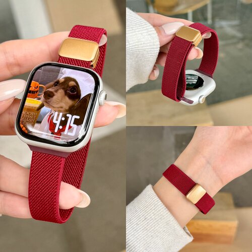 适用苹果applewatch11/10代平纹磁吸扣尼龙表带iwatch9/8/7可爱小蛮腰腕带6透气细款s8弹力回环5运动腕带配件