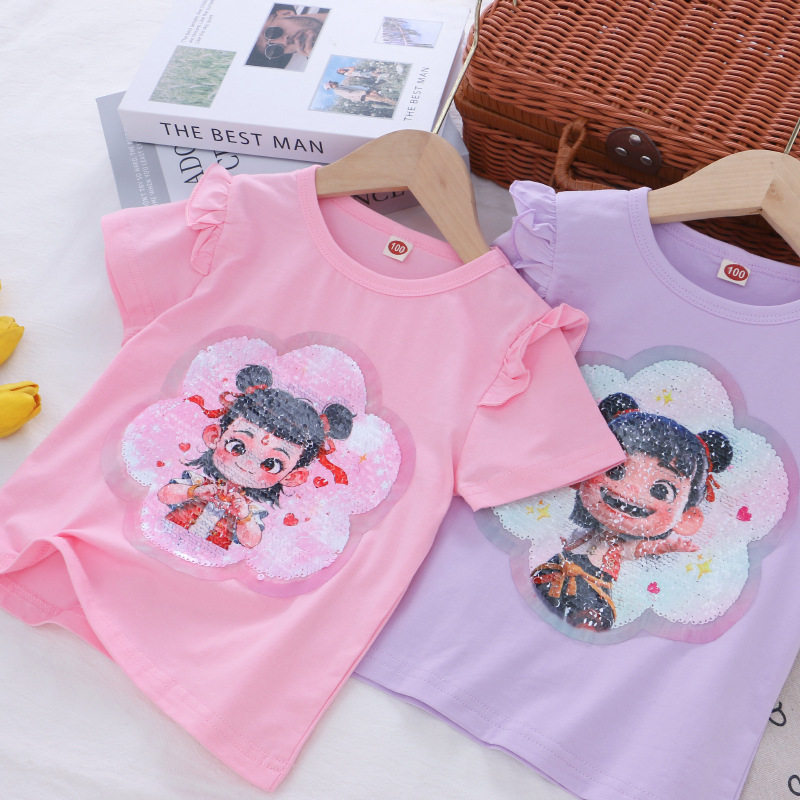 哪吒衣服女童短袖T衫2025新款夏季儿童装卡通变色亮片纯棉上衣T衫