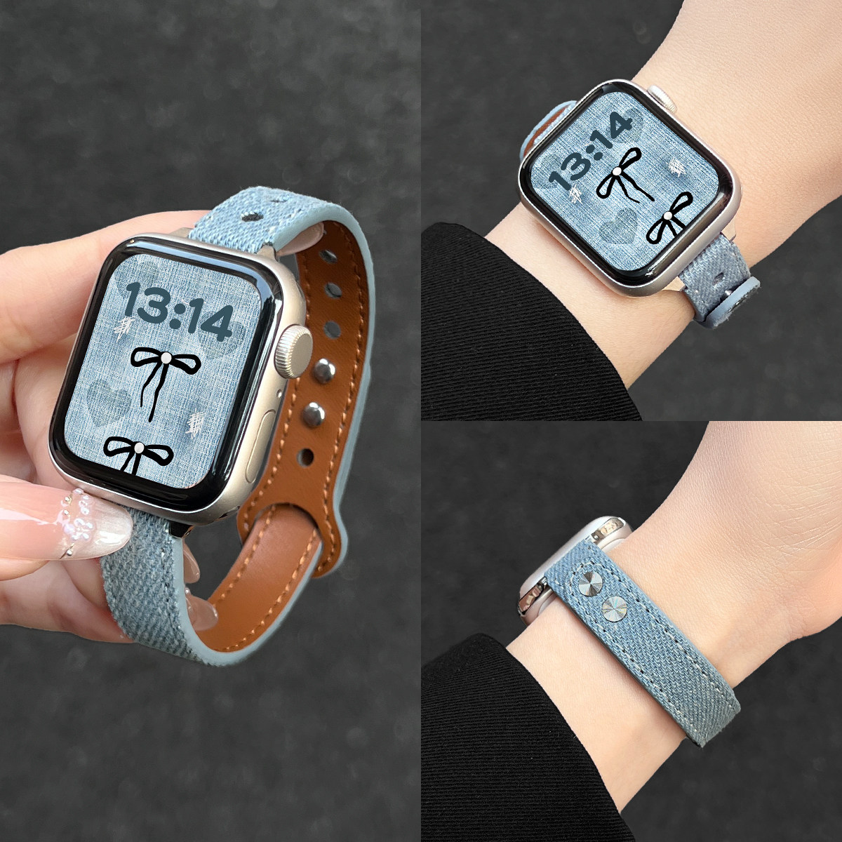 适用苹果手表s11表带秋冬s12新品iwatchs10韩系质感表链applewatchs9高级感女款专用s8牛仔皮质se3智能s7腕带