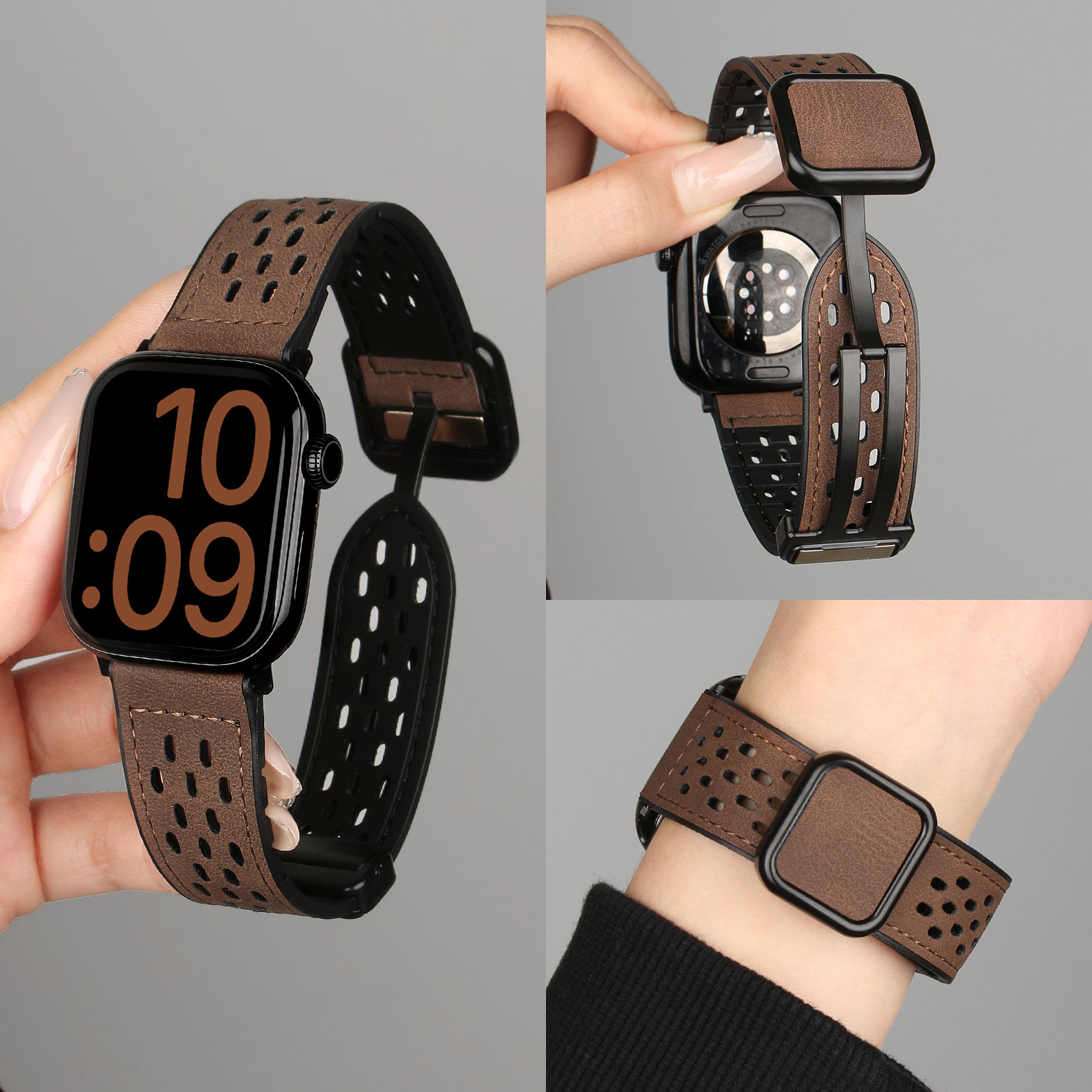 适用9pro硅胶疯马皮表带透气网洞