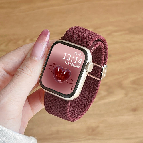 适用iwatchs11酒红编织磁吸表带