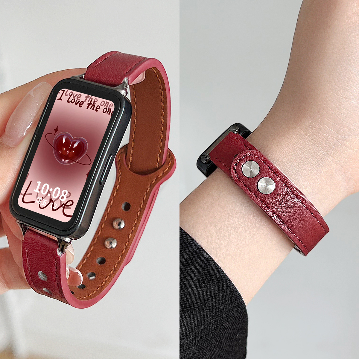 适用手环10酒红皮质表带秋冬新色