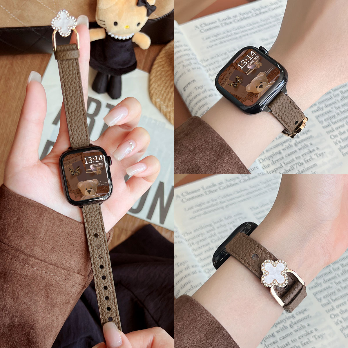 适用iwatchs11皮质四叶草表带扣