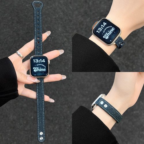 适用苹果s11表带牛仔皮质双钉扣