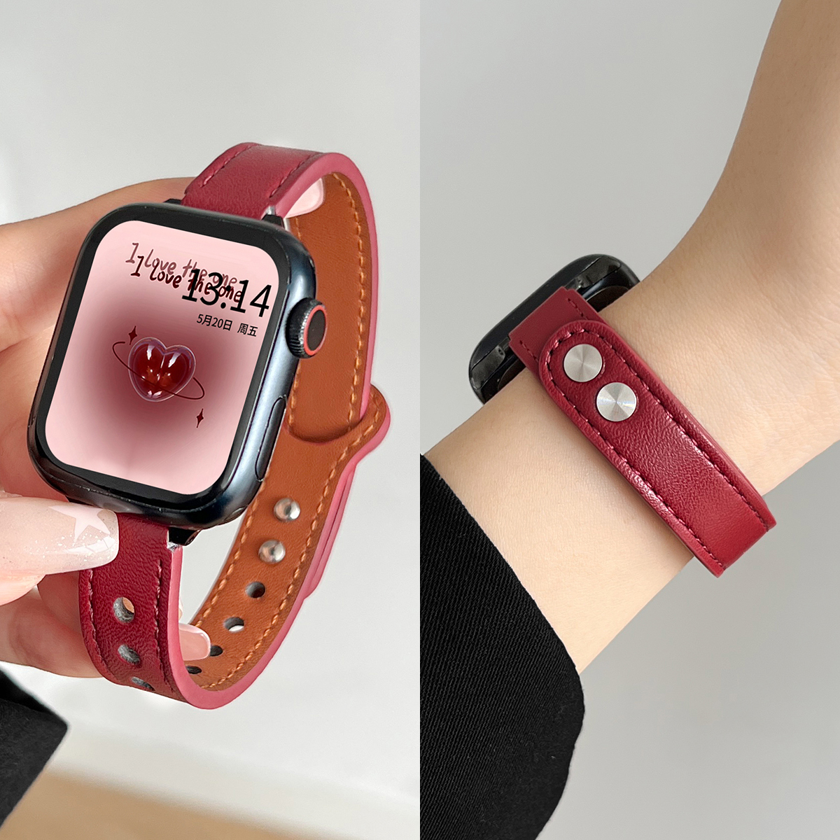 秋冬高级酒红色iwatchs11手表带