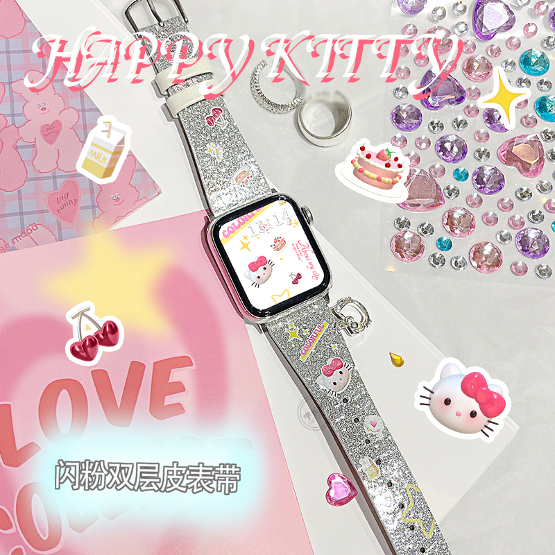 iwatch9/8原创可爱猫闪粉皮表带