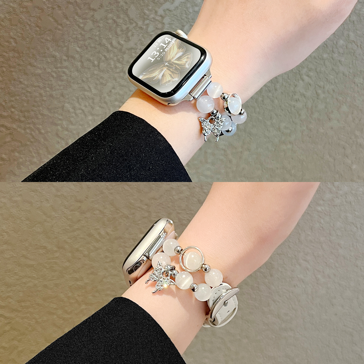 适用小米9pro猫眼串珠皮质手表带