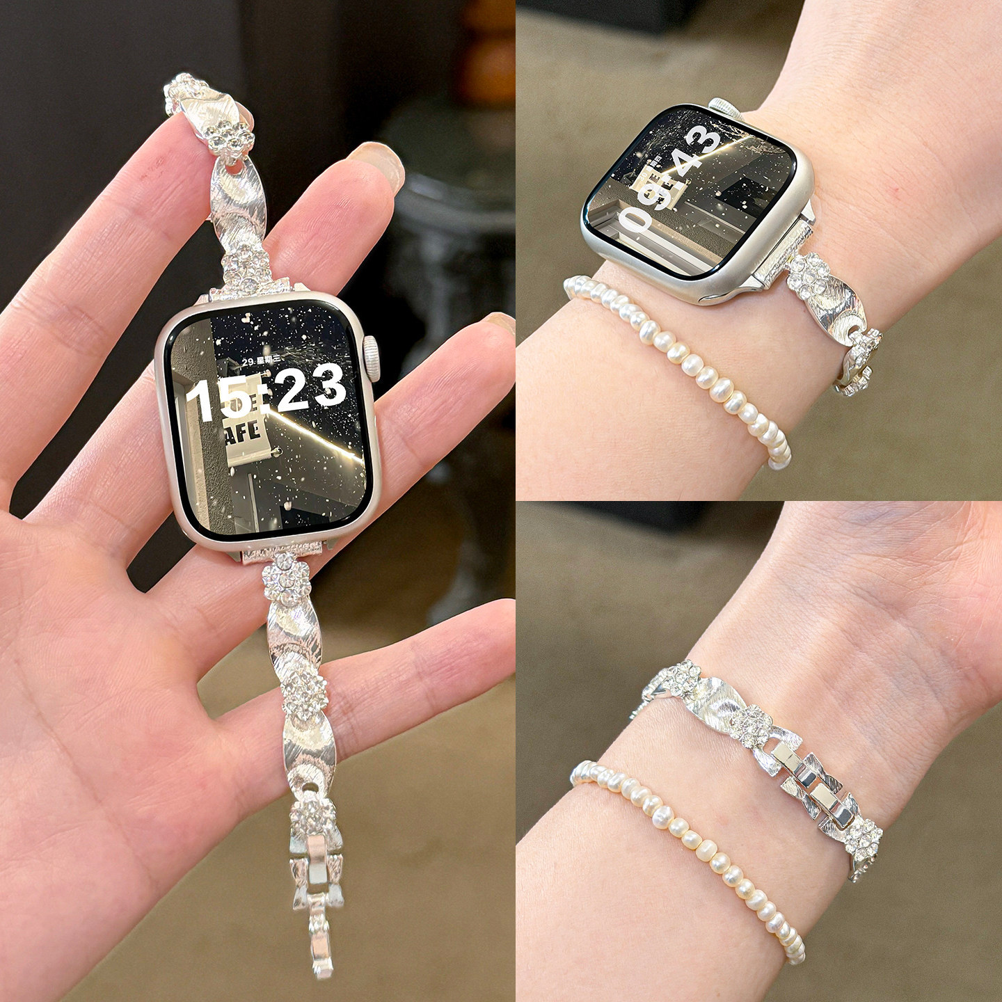 iwatchs11表带新款金属丝绒花朵图片