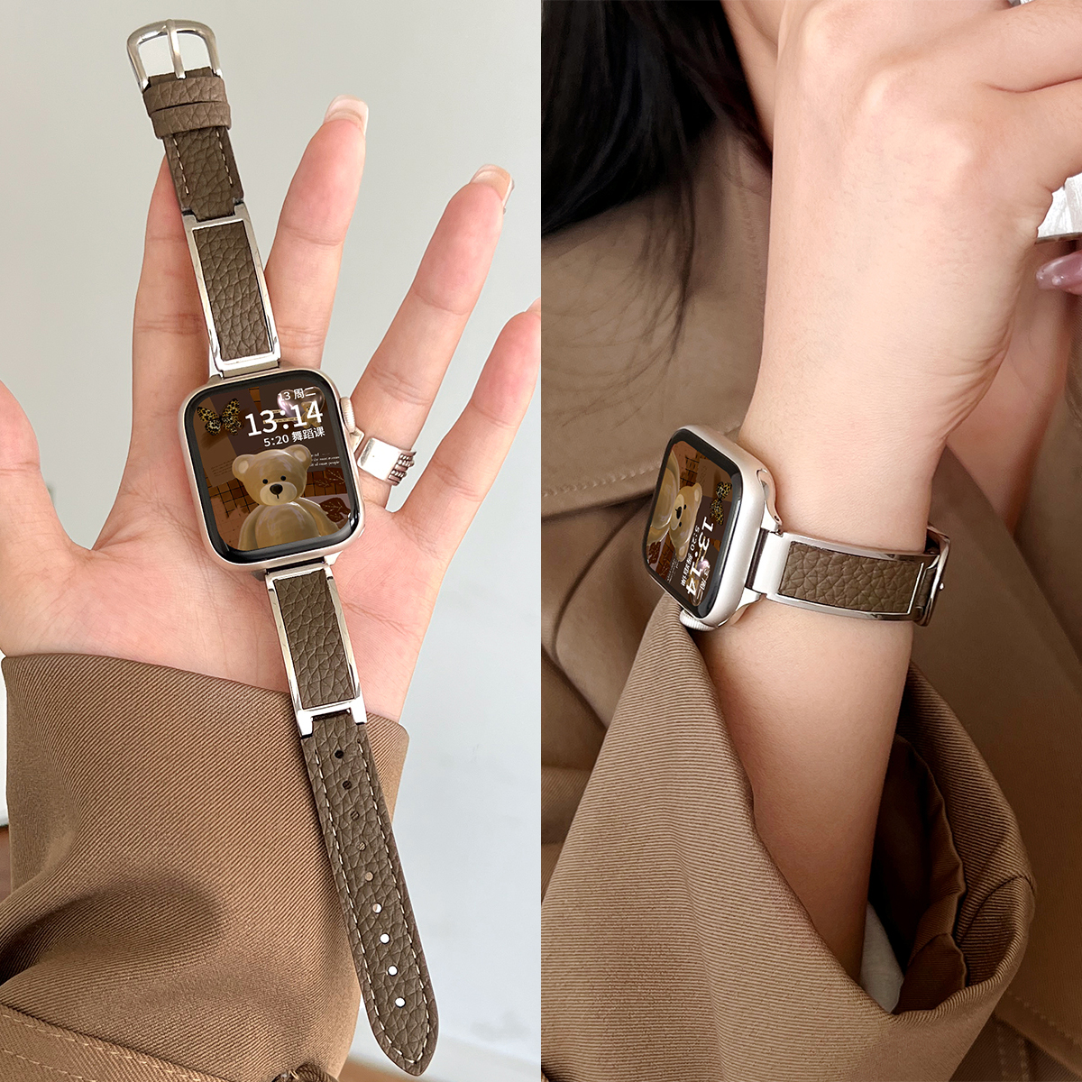 适用iwatchs11金属贴皮荔枝纹带