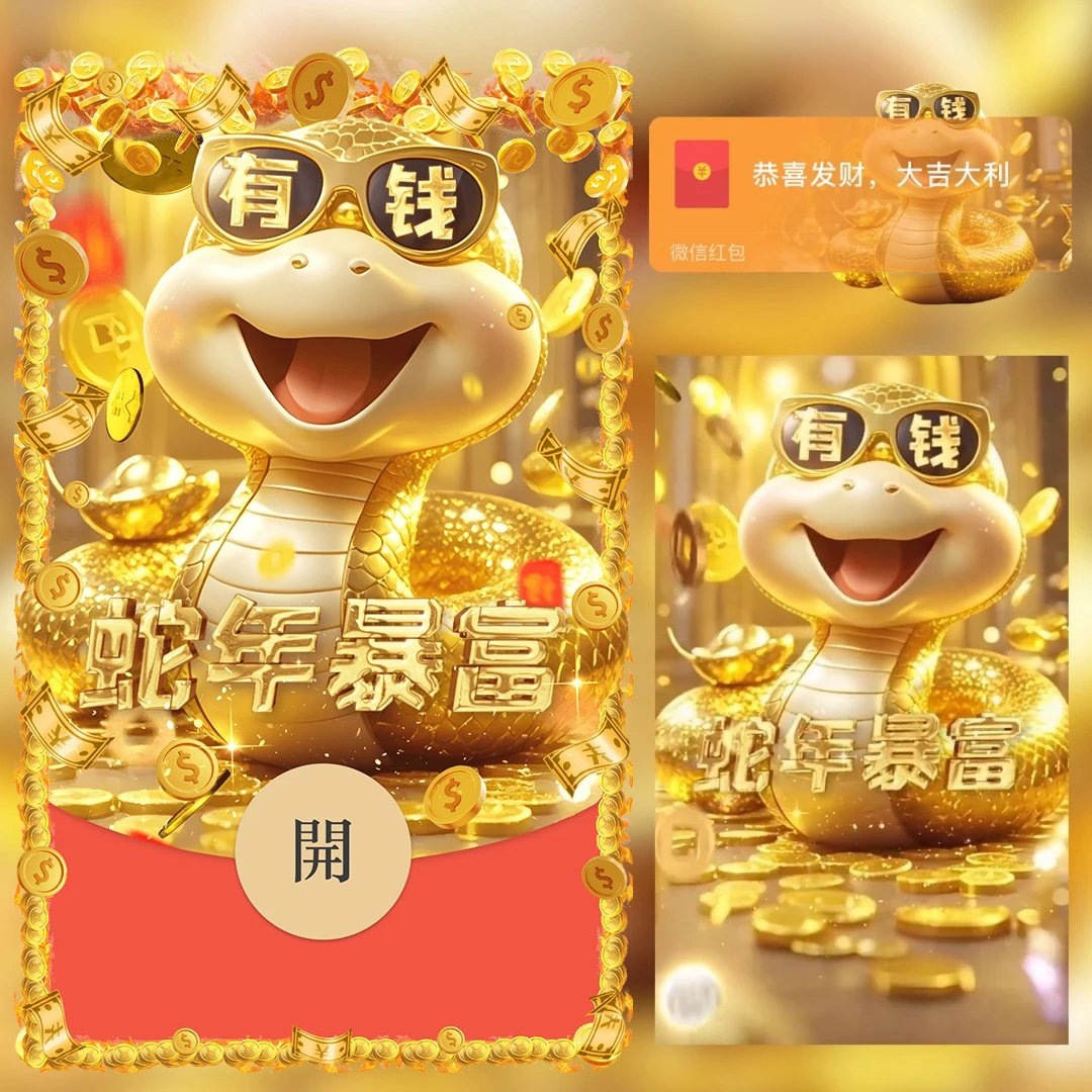 黄金色蛇年暴富有钱微信红包封面2025春节过年高端动态音乐wx皮肤
