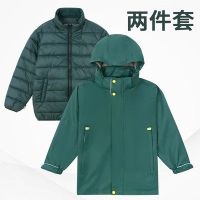 中小学生英伦风绿色冲锋衣棉服两件套长款秋冬季保暖园服校服套装