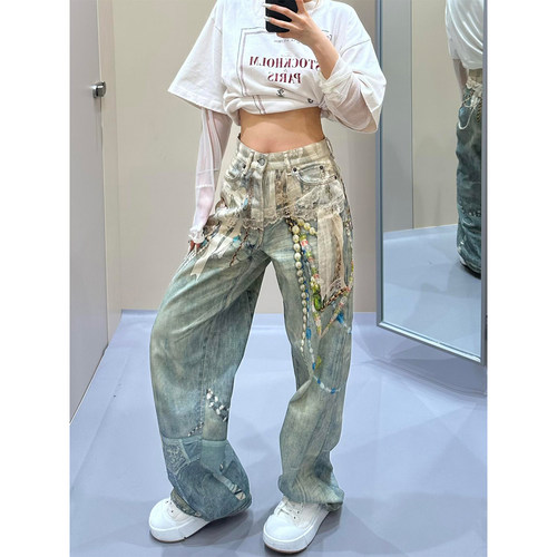 3D数码印花蕾丝珍珠直简牛仔裤