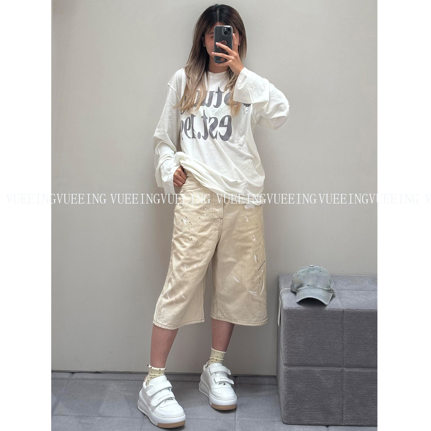AC白色泼墨做旧水洗夏秋款中腰牛仔裤【男女同款】宽松显瘦七分裤 - 实物图