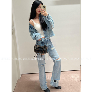 AC牛王重工水洗做旧美式复古破洞磨烂牛仔裤男女同款显瘦直筒裤