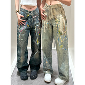 AC3D数码 印花糖果链条2006F1981m3D打印蕾丝珍珠直筒湾刀牛仔裤 长